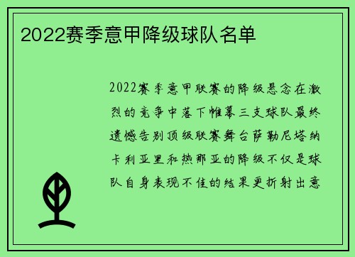 2022赛季意甲降级球队名单
