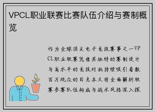 VPCL职业联赛比赛队伍介绍与赛制概览