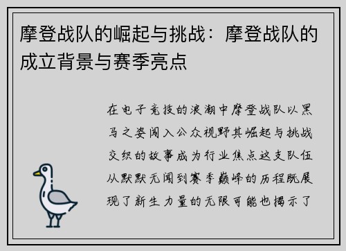 摩登战队的崛起与挑战：摩登战队的成立背景与赛季亮点